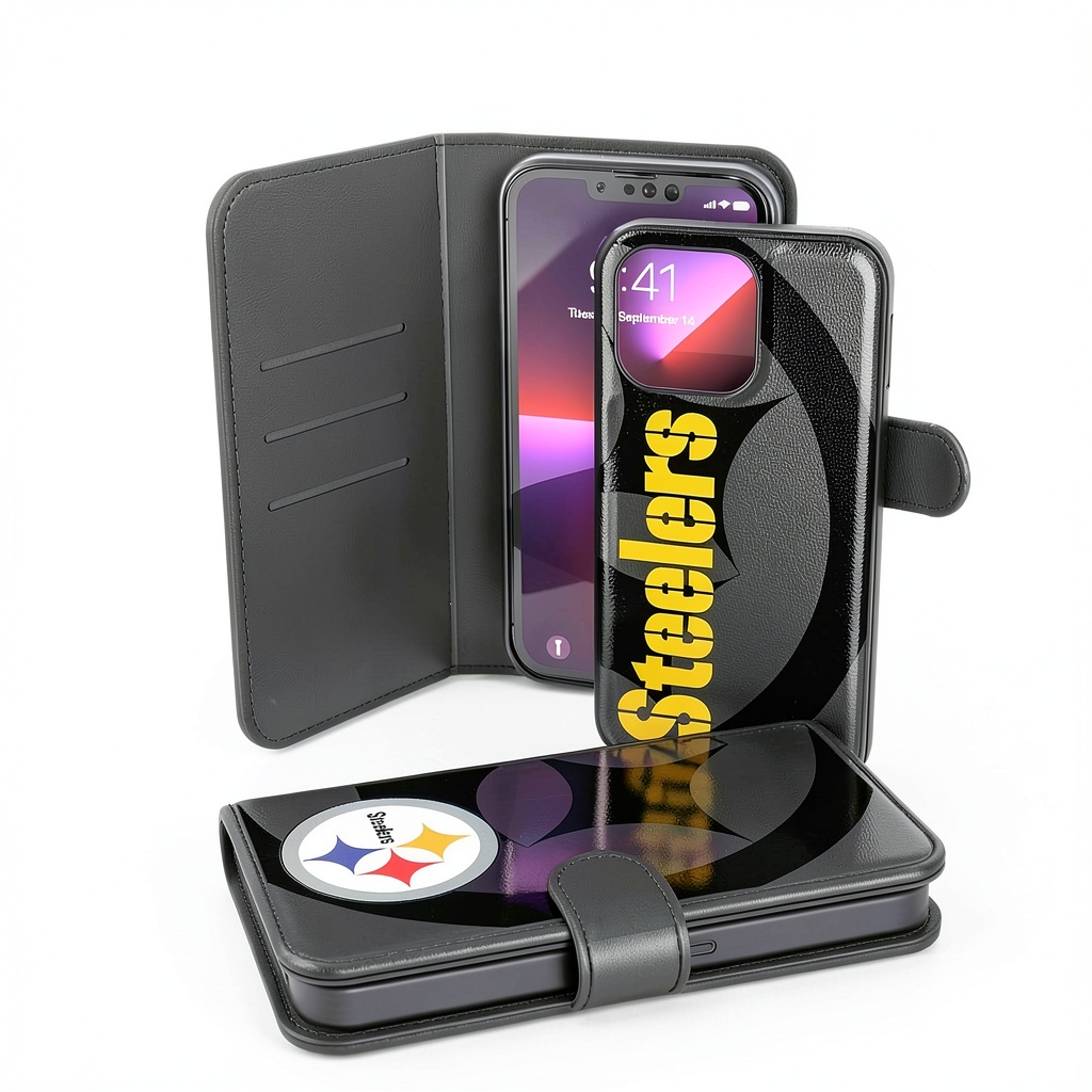 Pittsburgh Steelers iPhone Wallet Case Detachable Magnetic shown in real use on a wooden desk with cards being inserted