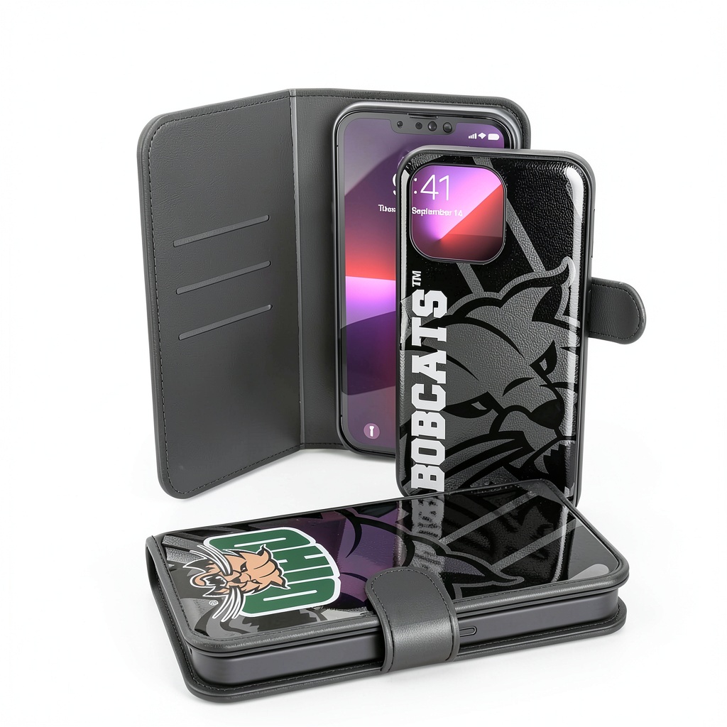 Ohio Bobcats iPhone Wallet Case Keyscaper PU Leather showing card slots and team graphics