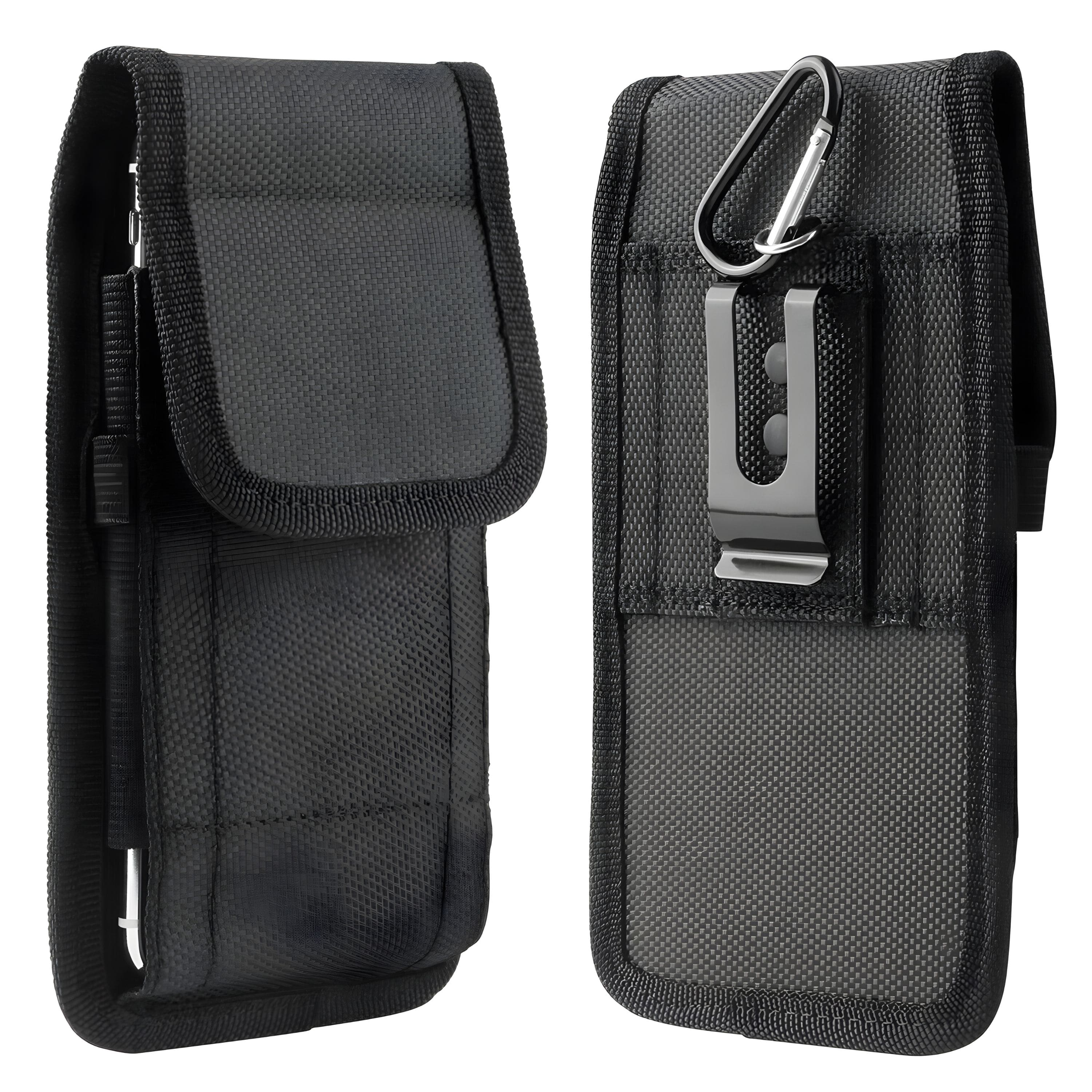 Nylon phone pouch attached to a belt with tools in the slot