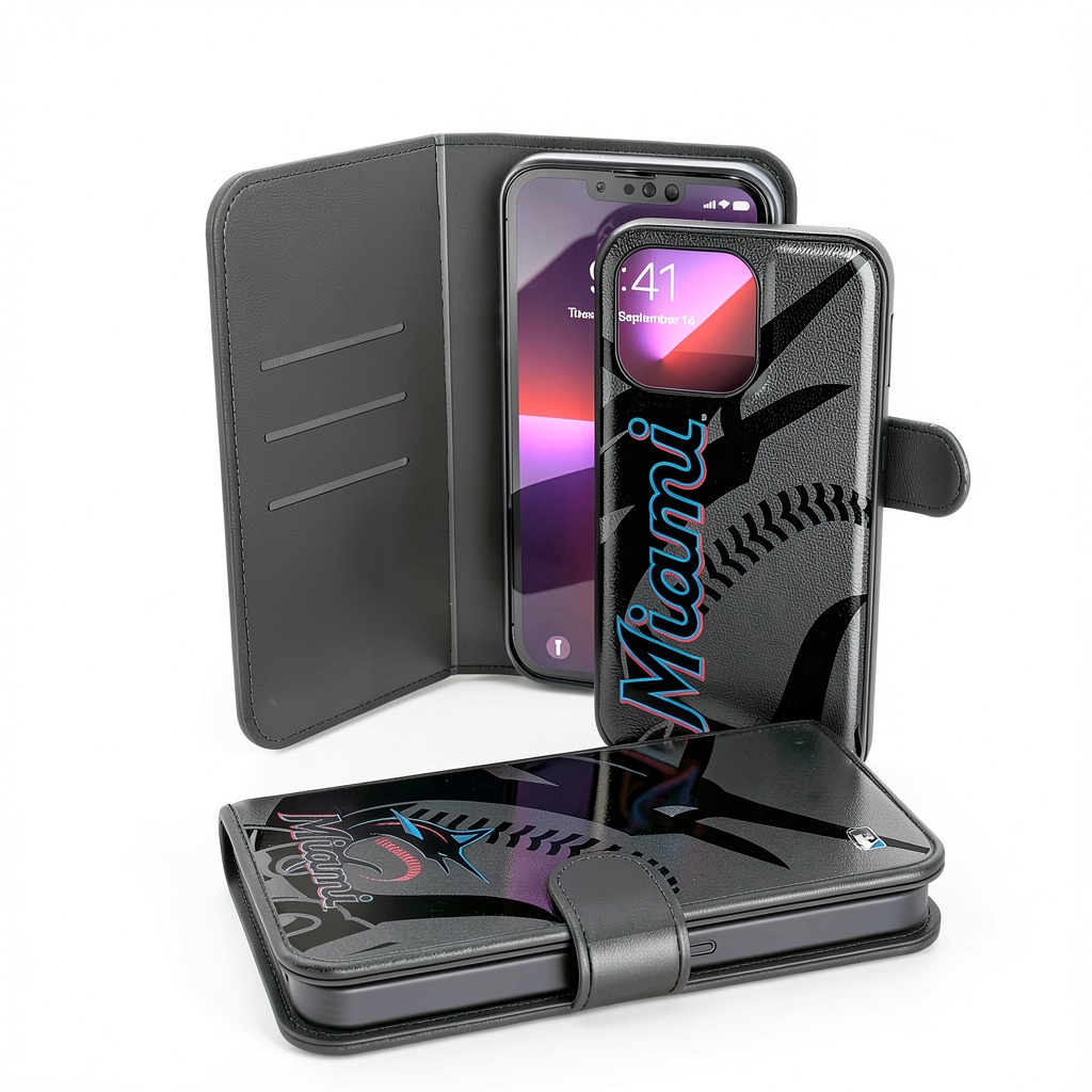 Installing Miami Marlins iPhone Wallet Case Keyscaper Cash Pocket on a wooden desk