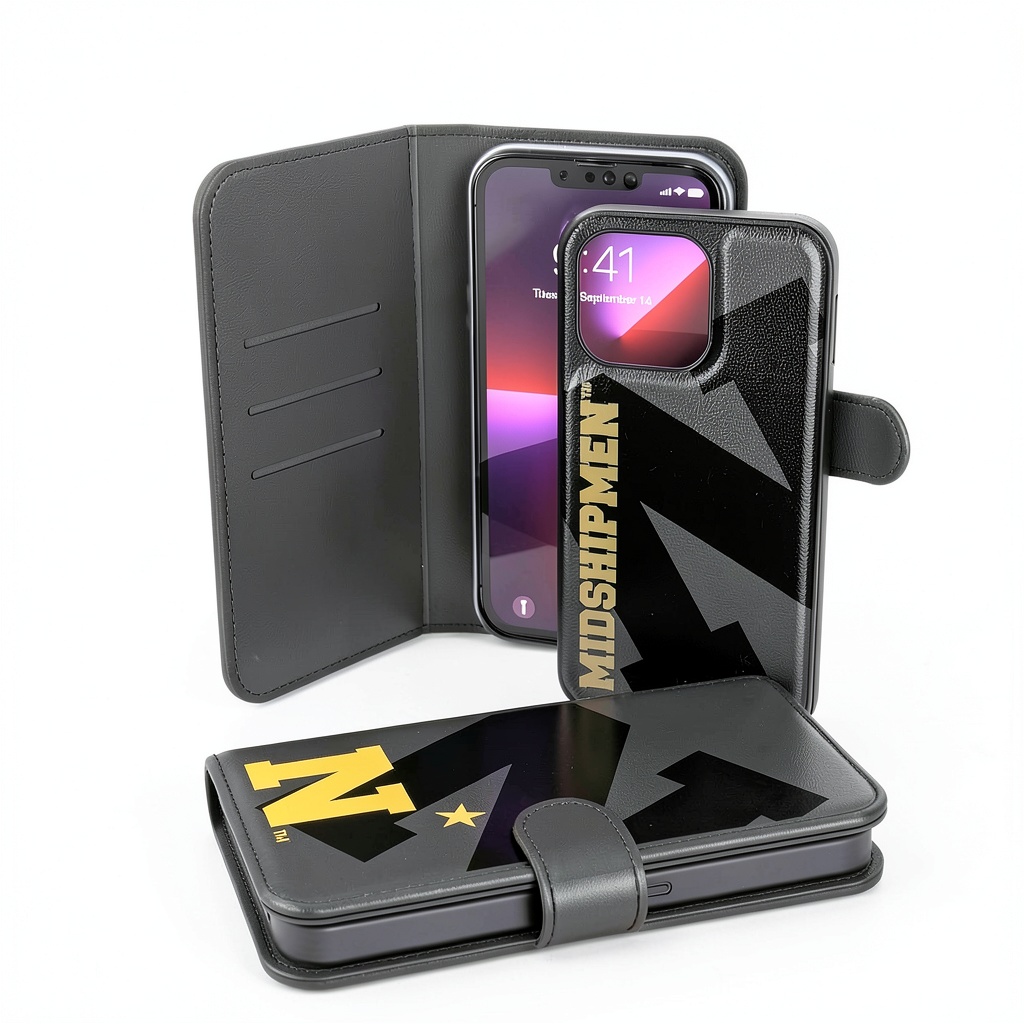 Navy Midshipmen iPhone wallet case being used on campus